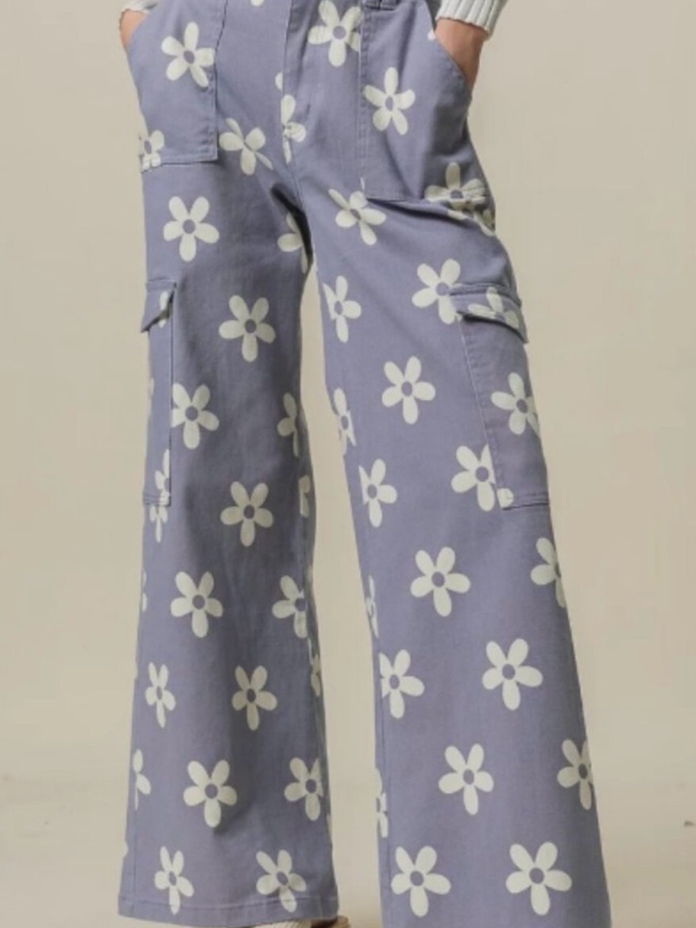 BiBi Dusty Lavender Floral Wide-Leg Cargo Pants
